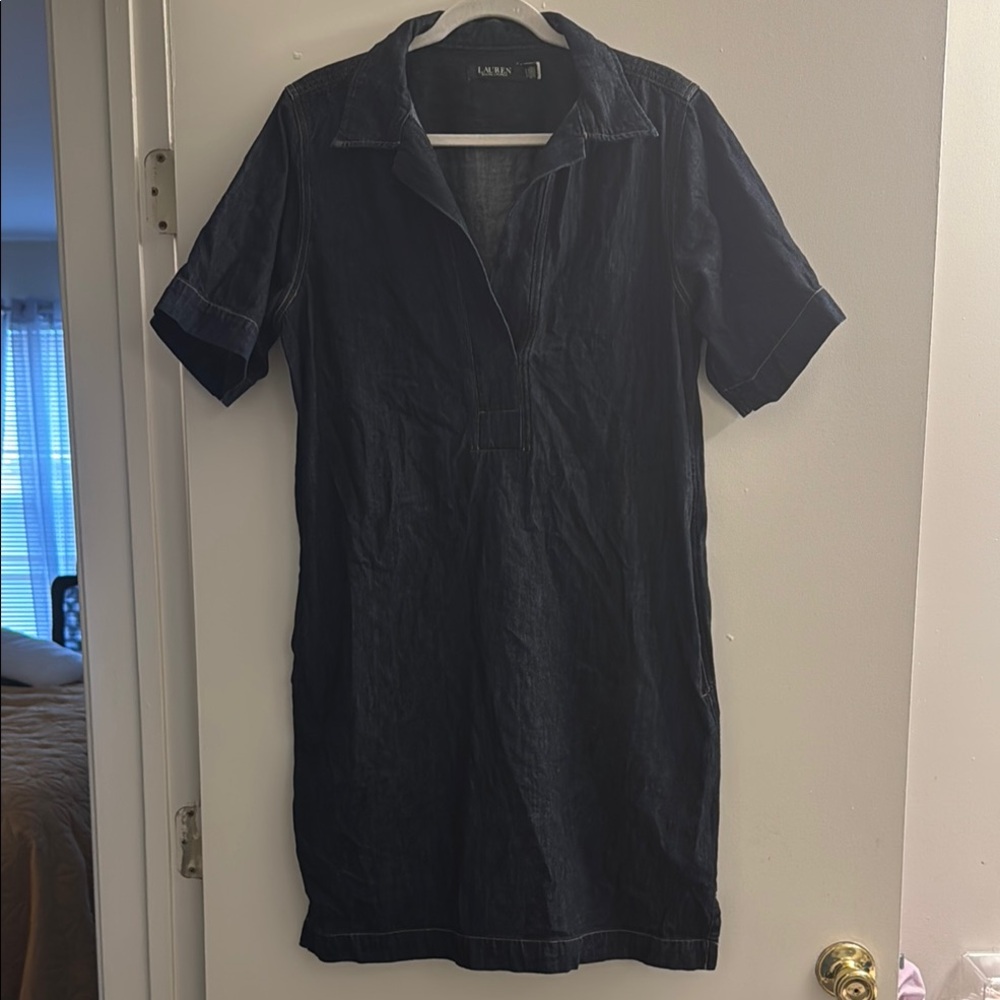 Ralph Lauren Blue Midi Dress with V-Neck and Short Sleeves